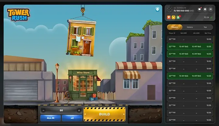 Tower Rush Game — jogo crash com construção de torre e multiplicadores